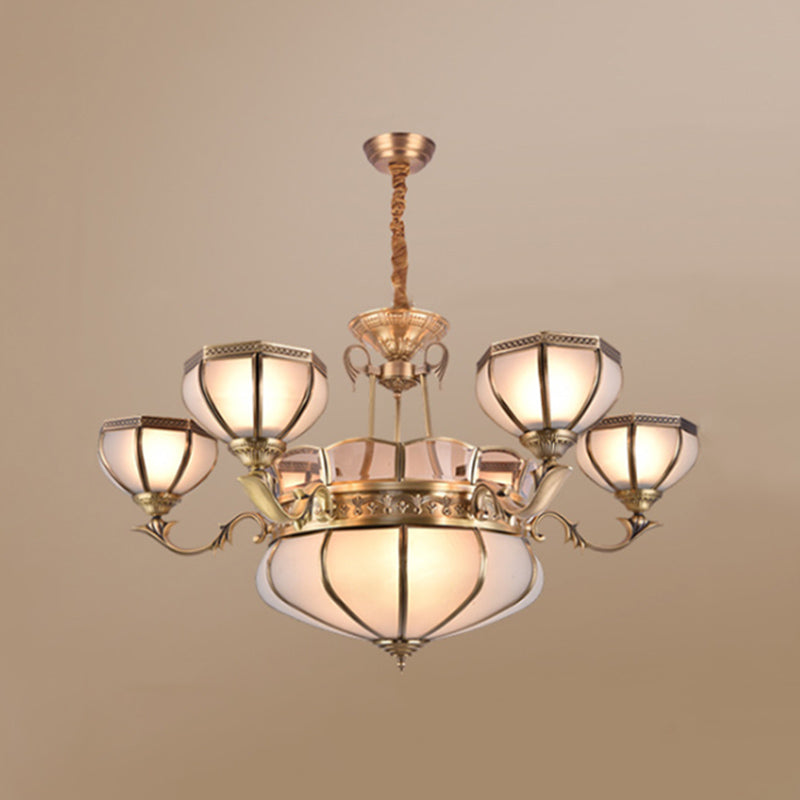 White Frosted Glass Dome Hanging Chandelier Colonial 3/5/9 Bulbs Living Room Suspension Pendant Light 9 White Clearhalo 'Ceiling Lights' 'Chandeliers' 'Glass shade' 'Glass' 'Pendant Lights' Lighting' 287070