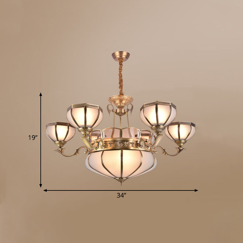 White Frosted Glass Dome Hanging Chandelier Colonial 3/5/9 Bulbs Living Room Suspension Pendant Light Clearhalo 'Ceiling Lights' 'Chandeliers' 'Glass shade' 'Glass' 'Pendant Lights' Lighting' 287071