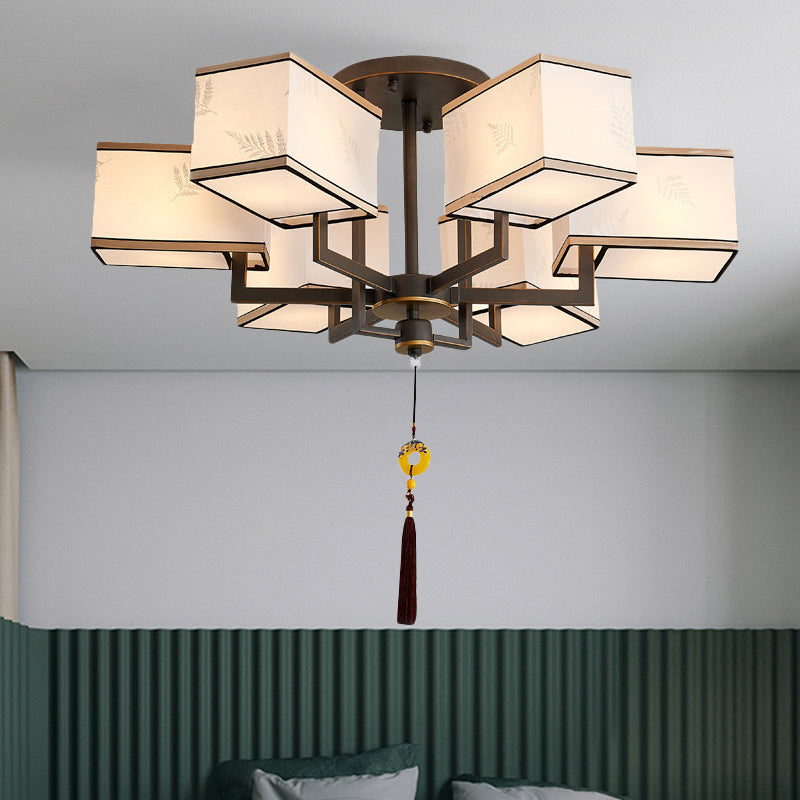 Metal Rectangle Semi Flush Mount Lighting Classic Metal 6/8/10 Lights Living Room Ceiling Lamp with Fabric Shade Clearhalo 'Ceiling Lights' 'Close To Ceiling Lights' 'Close to ceiling' 'Semi-flushmount' Lighting' 287073