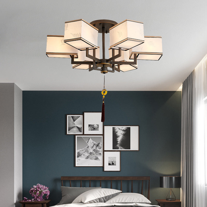 Metal Rectangle Semi Flush Mount Lighting Classic Metal 6/8/10 Lights Living Room Ceiling Lamp with Fabric Shade Clearhalo 'Ceiling Lights' 'Close To Ceiling Lights' 'Close to ceiling' 'Semi-flushmount' Lighting' 287074