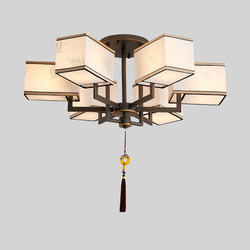 Metal Rectangle Semi Flush Mount Lighting Classic Metal 6/8/10 Lights Living Room Ceiling Lamp with Fabric Shade Clearhalo 'Ceiling Lights' 'Close To Ceiling Lights' 'Close to ceiling' 'Semi-flushmount' Lighting' 287075