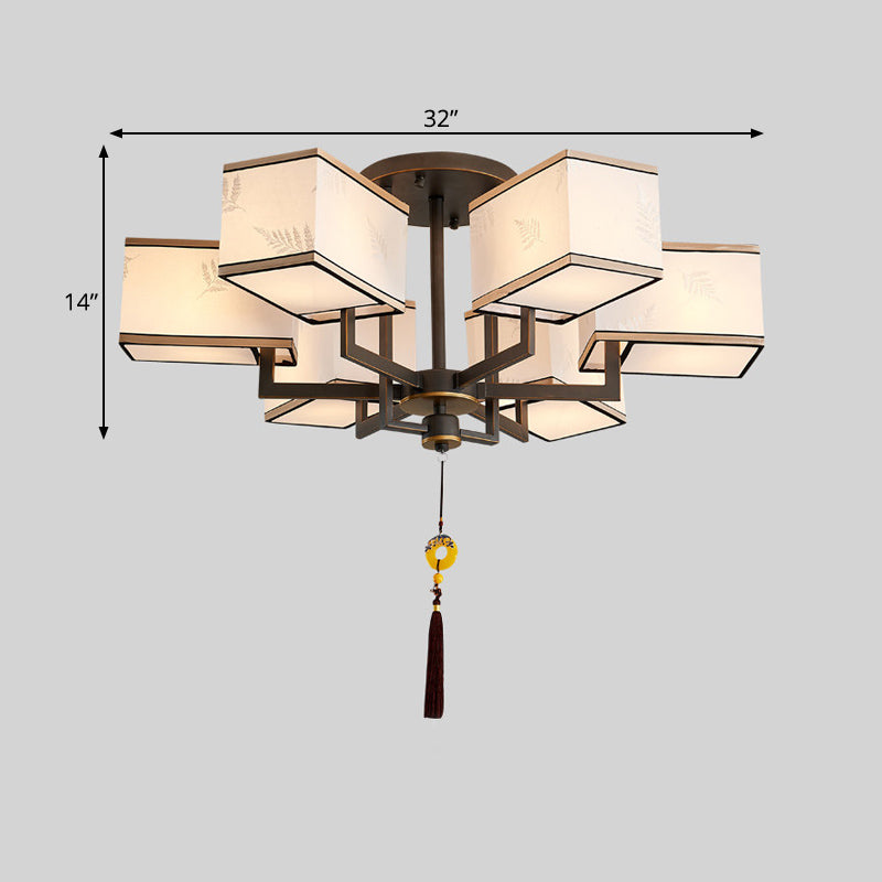 Metal Rectangle Semi Flush Mount Lighting Classic Metal 6/8/10 Lights Living Room Ceiling Lamp with Fabric Shade Clearhalo 'Ceiling Lights' 'Close To Ceiling Lights' 'Close to ceiling' 'Semi-flushmount' Lighting' 287076