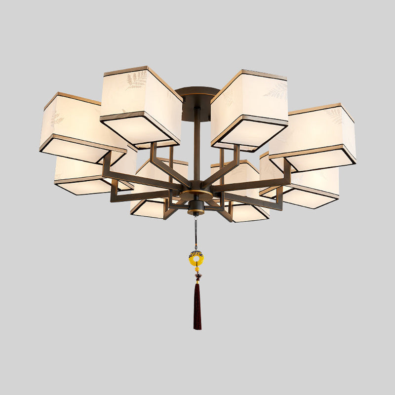 Metal Rectangle Semi Flush Mount Lighting Classic Metal 6/8/10 Lights Living Room Ceiling Lamp with Fabric Shade Clearhalo 'Ceiling Lights' 'Close To Ceiling Lights' 'Close to ceiling' 'Semi-flushmount' Lighting' 287078