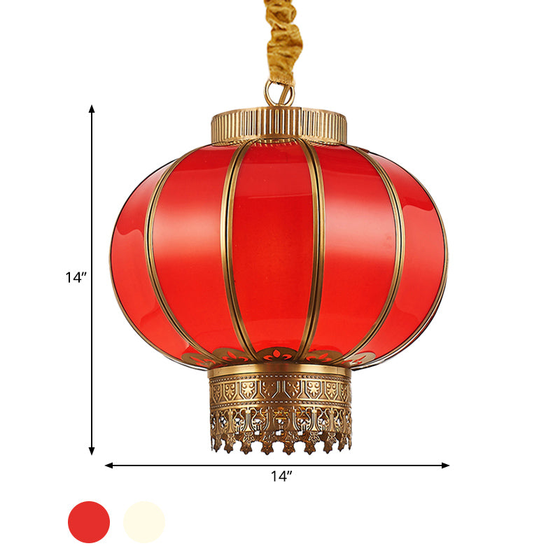 Red/White Glass Pendant Lighting Fixture Kerosene 10"/14"/16" Wide 1 Light Traditional Style Hanging Lamp Kit Clearhalo 'Ceiling Lights' 'Chandeliers' 'Glass shade' 'Glass' 'Pendant Lights' 'Pendants' Lighting' 287189