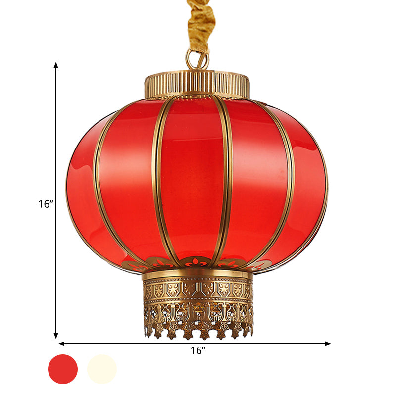 Red/White Glass Pendant Lighting Fixture Kerosene 10"/14"/16" Wide 1 Light Traditional Style Hanging Lamp Kit Clearhalo 'Ceiling Lights' 'Chandeliers' 'Glass shade' 'Glass' 'Pendant Lights' 'Pendants' Lighting' 287190