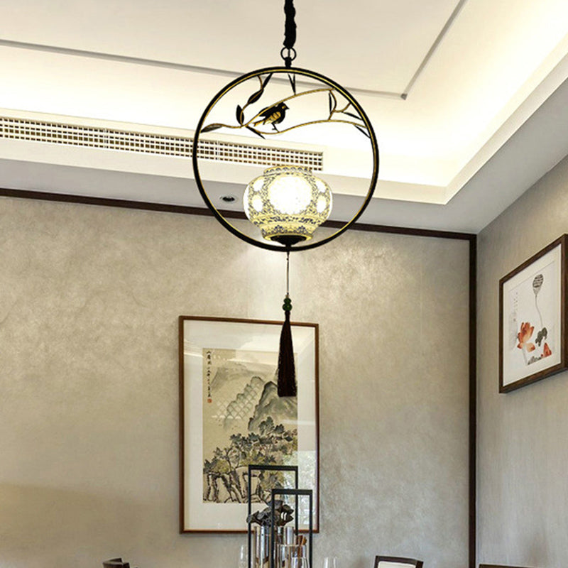 1 Light Birdcage Suspension Lighting Traditional Black/Gold Metal Ceiling Pendant for Tea Room Clearhalo 'Ceiling Lights' 'Pendant Lights' 'Pendants' Lighting' 287201