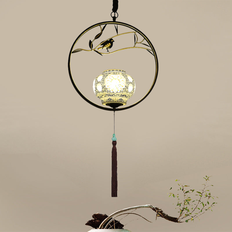 1 Light Birdcage Suspension Lighting Traditional Black/Gold Metal Ceiling Pendant for Tea Room Clearhalo 'Ceiling Lights' 'Pendant Lights' 'Pendants' Lighting' 287202