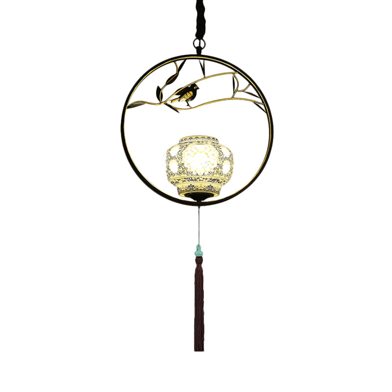 1 Light Birdcage Suspension Lighting Traditional Black/Gold Metal Ceiling Pendant for Tea Room Clearhalo 'Ceiling Lights' 'Pendant Lights' 'Pendants' Lighting' 287204