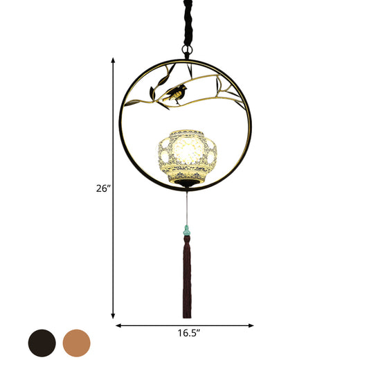 1 Light Birdcage Suspension Lighting Traditional Black/Gold Metal Ceiling Pendant for Tea Room Clearhalo 'Ceiling Lights' 'Pendant Lights' 'Pendants' Lighting' 287205