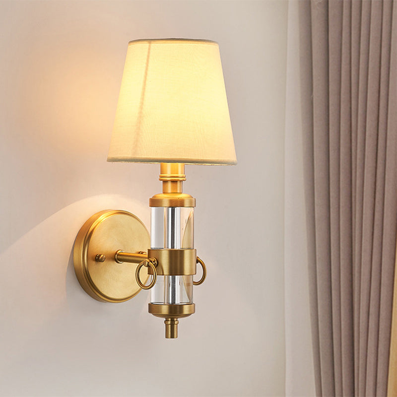 Fabric Shade Brass Sconce Lighting Barrel 1 Light Vintage Wall Mounted Lamp Fixture for Bedroom Brass Clearhalo 'Wall Lamps & Sconces' 'Wall Lights' Lighting' 287216