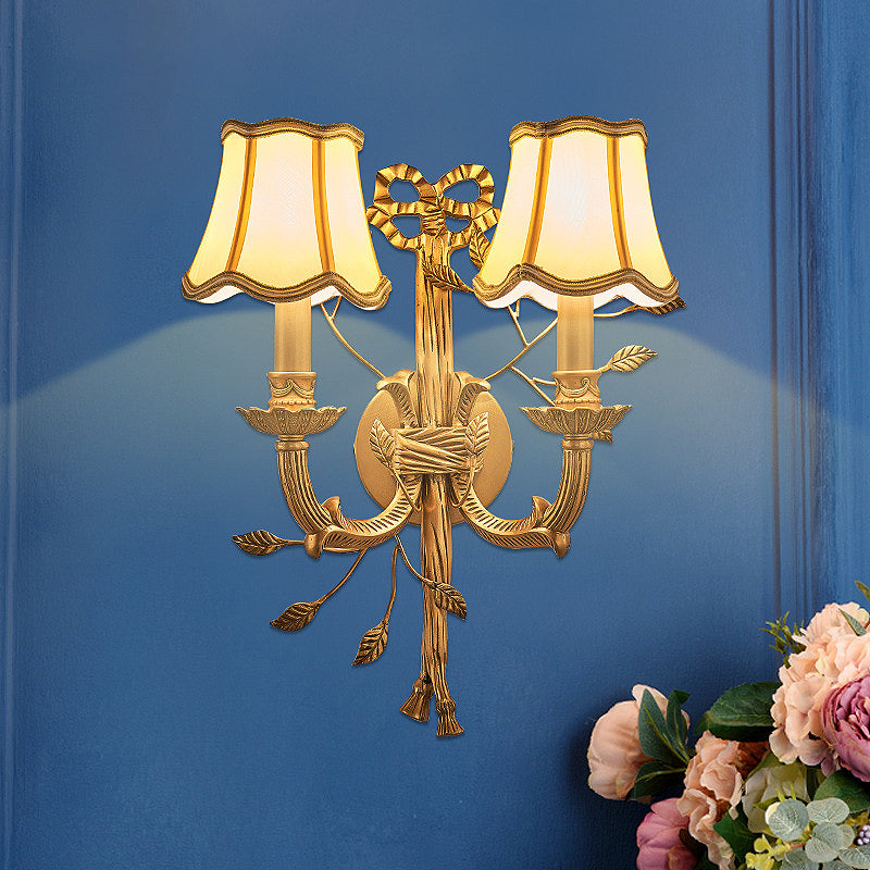 2 Lights Empire Shade Wall Sconce Vintage Brass Fabric Wall Mounted Lighting with Curved Metal Arm Brass Clearhalo 'Wall Lamps & Sconces' 'Wall Lights' Lighting' 287227