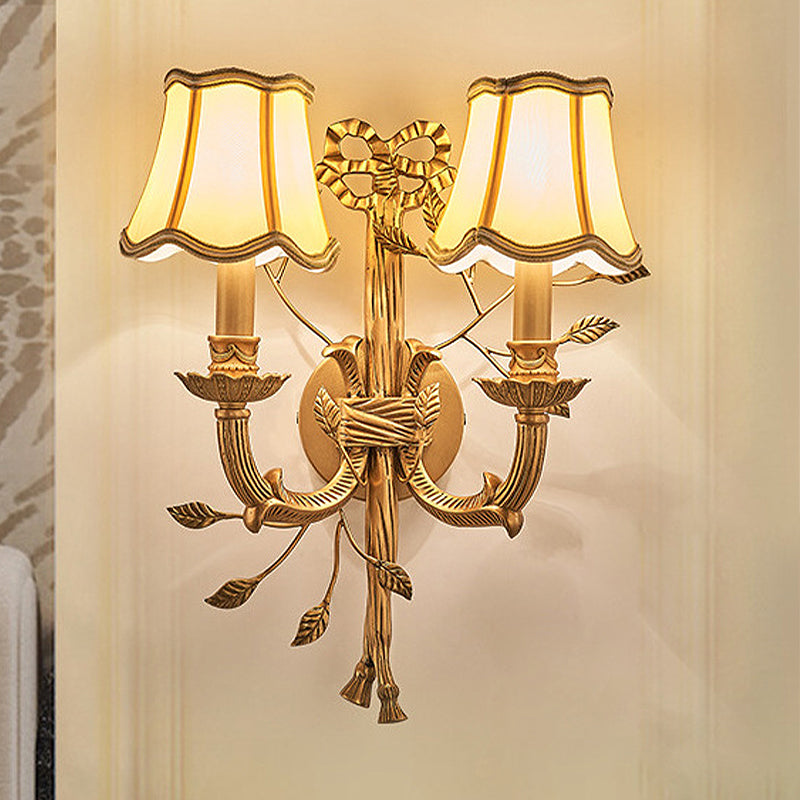 2 Lights Empire Shade Wall Sconce Vintage Brass Fabric Wall Mounted Lighting with Curved Metal Arm Clearhalo 'Wall Lamps & Sconces' 'Wall Lights' Lighting' 287228