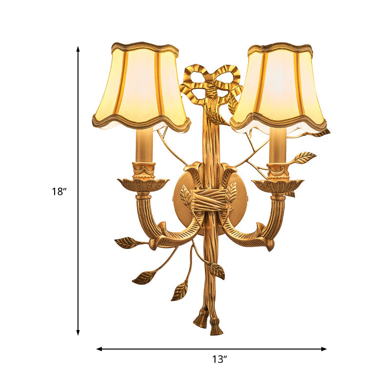 2 Lights Empire Shade Wall Sconce Vintage Brass Fabric Wall Mounted Lighting with Curved Metal Arm Clearhalo 'Wall Lamps & Sconces' 'Wall Lights' Lighting' 287231