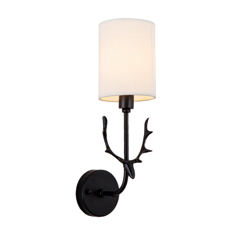 Cylinder Living Room Wall Lighting Countryside Fabric Shade 1 Head Black/Brass Sconce Lamp Fixture Clearhalo 'Wall Lamps & Sconces' 'Wall Lights' Lighting' 287240