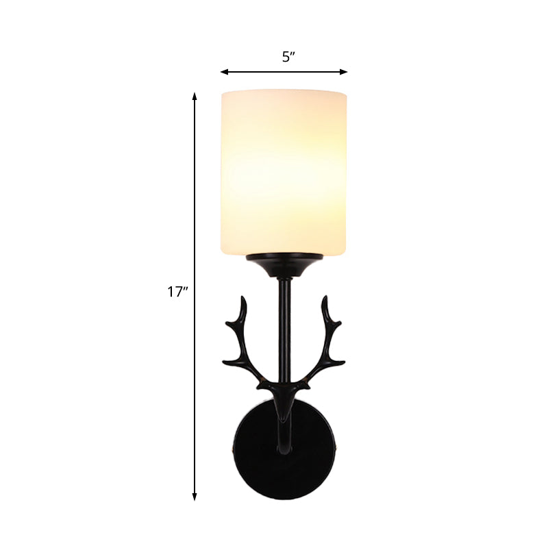 Black/Brass 1 Bulb Wall Lighting Rural White Glass Cylindrical Wall Mounted Lamp for Living Room Clearhalo 'Wall Lamps & Sconces' 'Wall Lights' Lighting' 287251