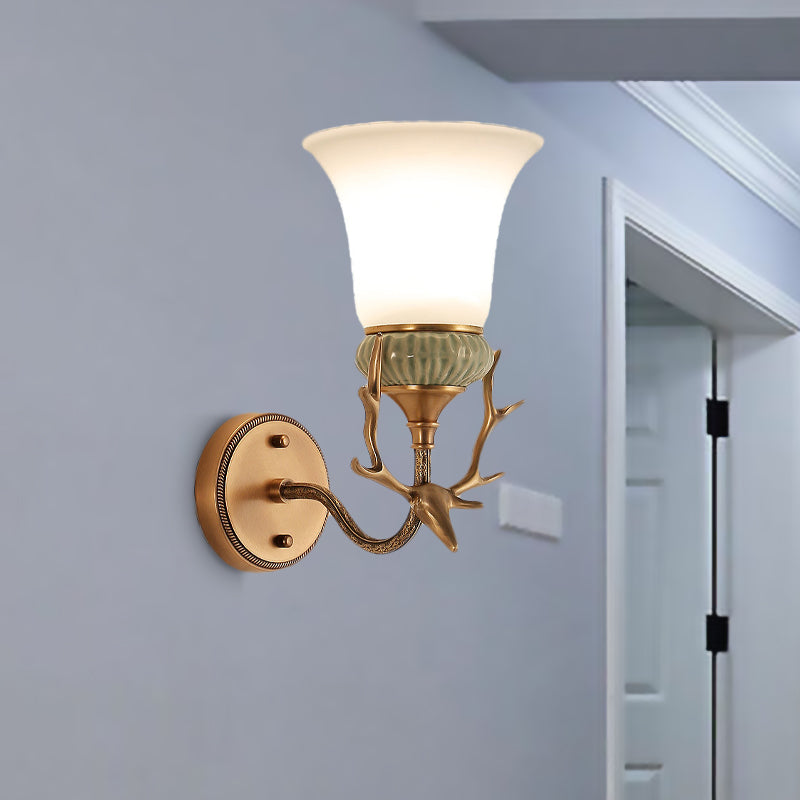 1 Light Wall Mount Lighting Retro Bell Opal Glass Brass Sconce Lamp Fixture with Antlers Curved Arm Brass Clearhalo 'Wall Lamps & Sconces' 'Wall Lights' Lighting' 287252