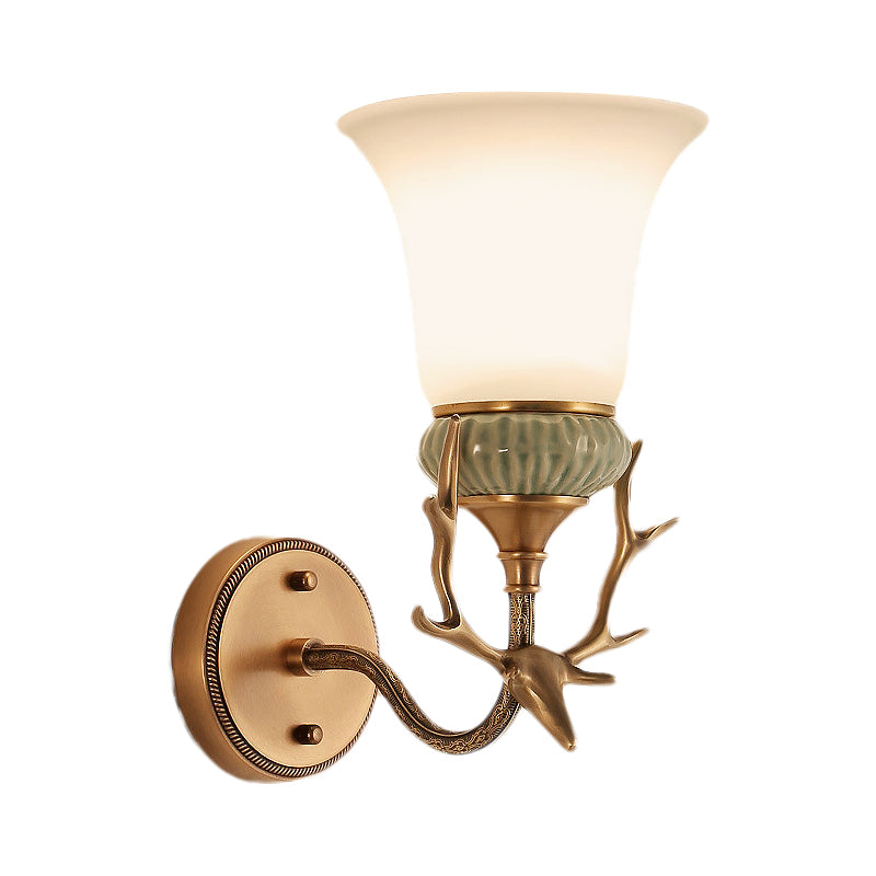 1 Light Wall Mount Lighting Retro Bell Opal Glass Brass Sconce Lamp Fixture with Antlers Curved Arm Clearhalo 'Wall Lamps & Sconces' 'Wall Lights' Lighting' 287255