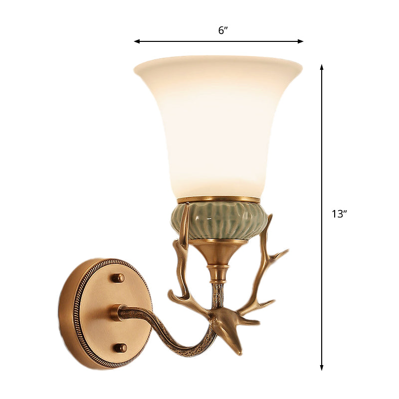 1 Light Wall Mount Lighting Retro Bell Opal Glass Brass Sconce Lamp Fixture with Antlers Curved Arm Clearhalo 'Wall Lamps & Sconces' 'Wall Lights' Lighting' 287256