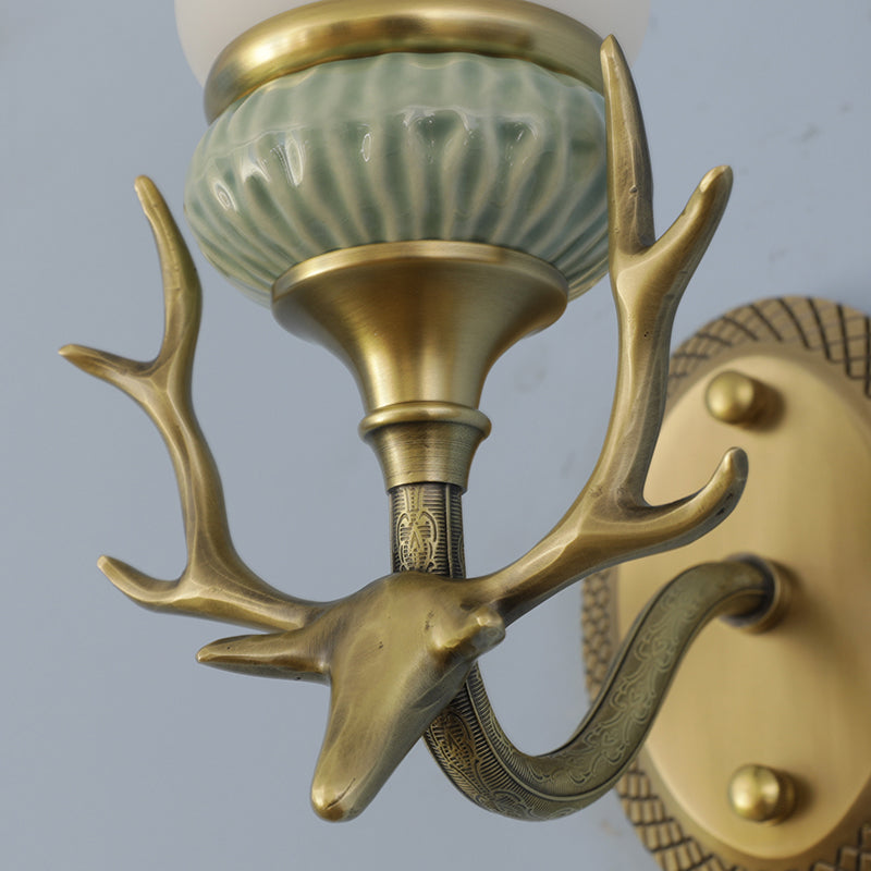 1 Light Wall Mount Lighting Retro Bell Opal Glass Brass Sconce Lamp Fixture with Antlers Curved Arm Clearhalo 'Wall Lamps & Sconces' 'Wall Lights' Lighting' 287257