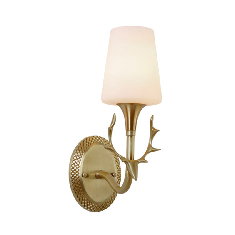 Scrolled Arm Milk Glass Sconce Lighting Rustic 1/2 Light Bedroom Wall Mounted Light Fixture in Brass Clearhalo 'Wall Lamps & Sconces' 'Wall Lights' Lighting' 287261