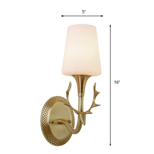 Scrolled Arm Milk Glass Sconce Lighting Rustic 1/2 Light Bedroom Wall Mounted Light Fixture in Brass Clearhalo 'Wall Lamps & Sconces' 'Wall Lights' Lighting' 287262