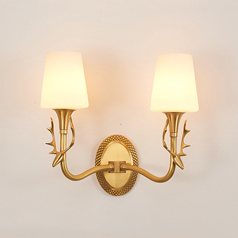 Scrolled Arm Milk Glass Sconce Lighting Rustic 1/2 Light Bedroom Wall Mounted Light Fixture in Brass 2.0 Brass Clearhalo 'Wall Lamps & Sconces' 'Wall Lights' Lighting' 287263