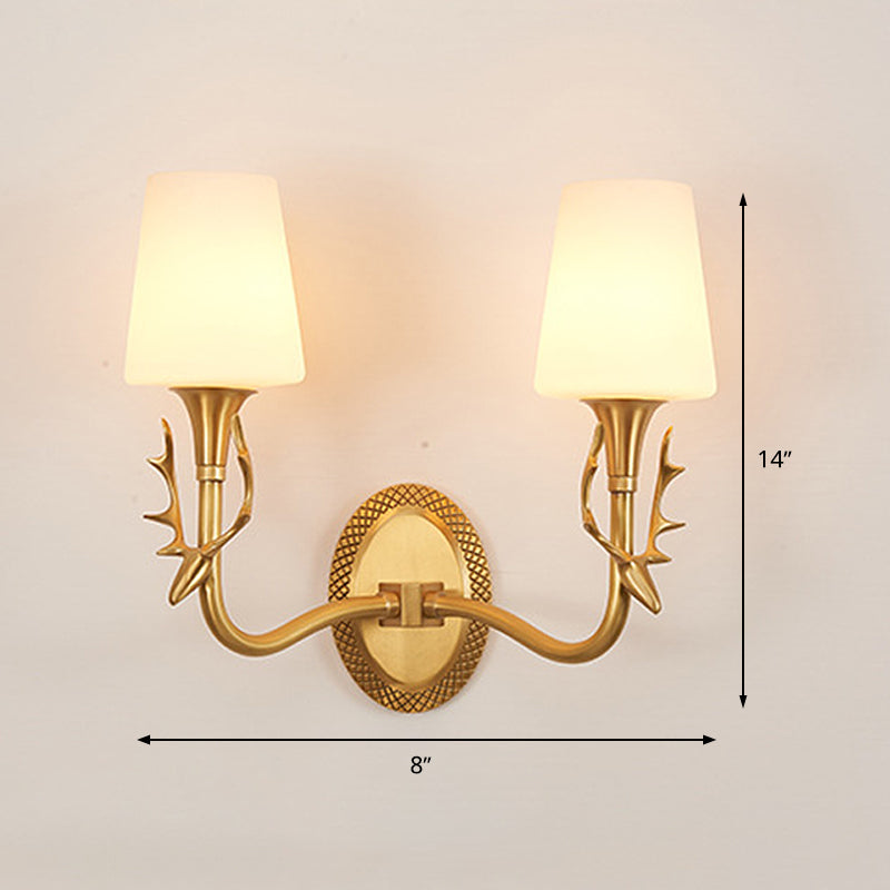 Scrolled Arm Milk Glass Sconce Lighting Rustic 1/2 Light Bedroom Wall Mounted Light Fixture in Brass Clearhalo 'Wall Lamps & Sconces' 'Wall Lights' Lighting' 287264