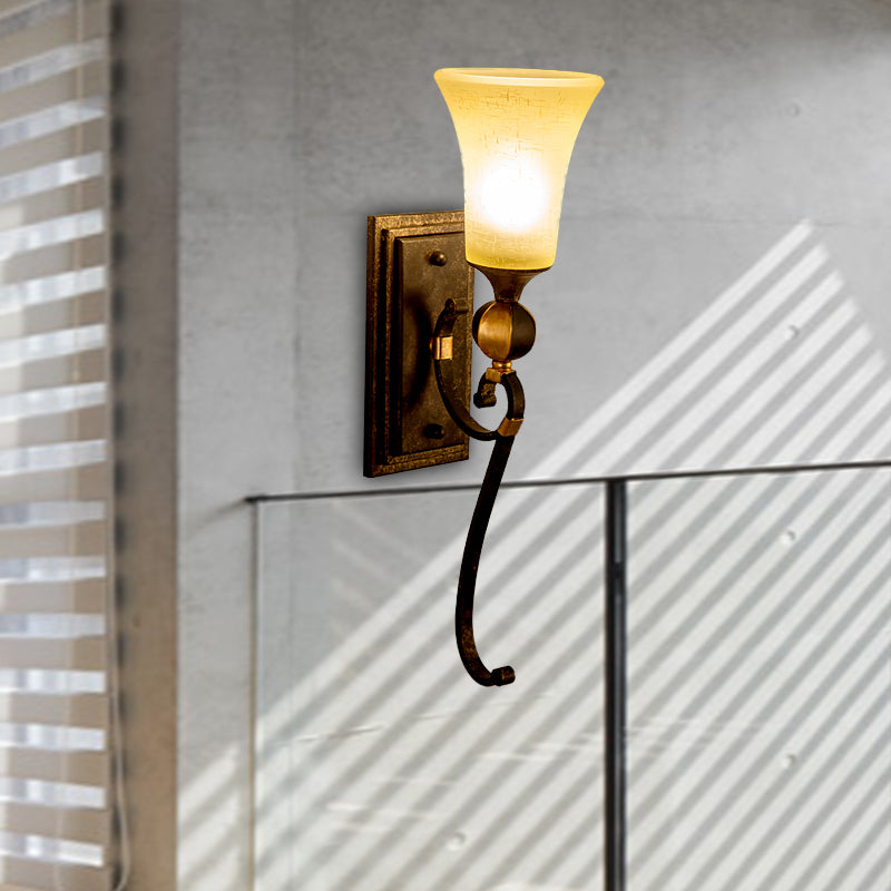 Rectangle Metal Wall Mount Light Lodge 1 Bulb Corridor Sconce Lamp in Antique Bronze with Amber Glass Bell Shade Antique Bronze Clearhalo 'Wall Lamps & Sconces' 'Wall Lights' Lighting' 287265