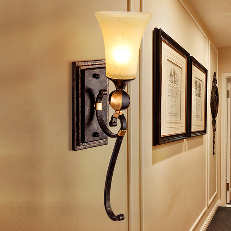 Rectangle Metal Wall Mount Light Lodge 1 Bulb Corridor Sconce Lamp in Antique Bronze with Amber Glass Bell Shade Clearhalo 'Wall Lamps & Sconces' 'Wall Lights' Lighting' 287266