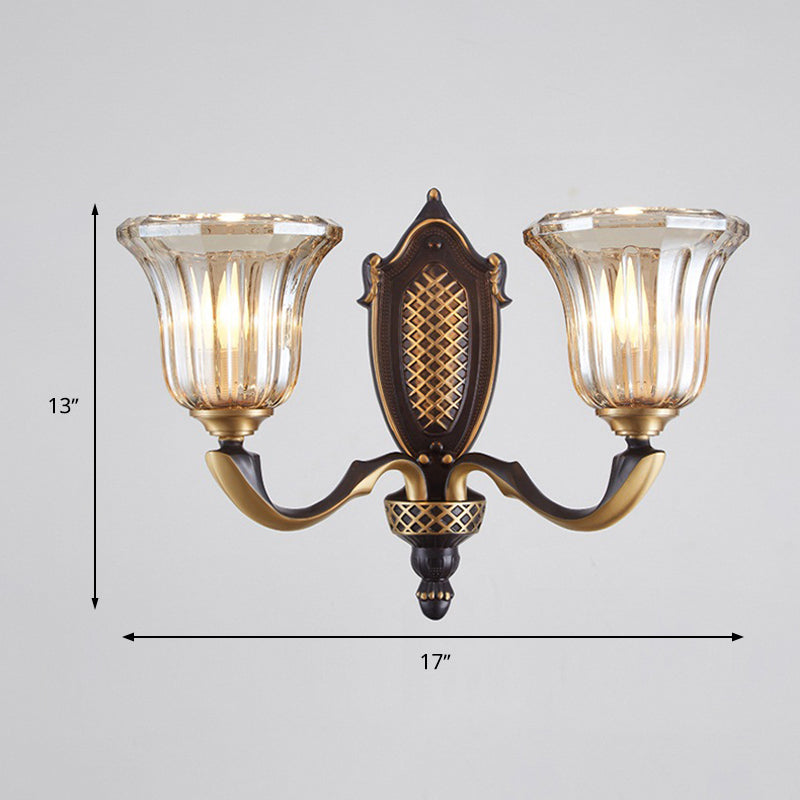 Flared Living Room Wall Mount Lamp Retro Clear Glass Shade 1/2 Bulbs Brass Sconce Lighting with Curved Arm Clearhalo 'Wall Lamps & Sconces' 'Wall Lights' Lighting' 287284