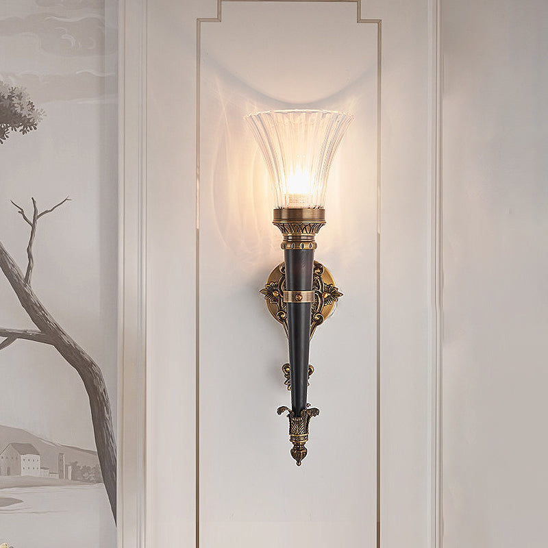 1 Light Wall Lighting Lodge Flared Prismatic Translucent Glass Wall Sconce Lamp in Brass with Pencil Arm Brass Clearhalo 'Wall Lamps & Sconces' 'Wall Lights' Lighting' 287285