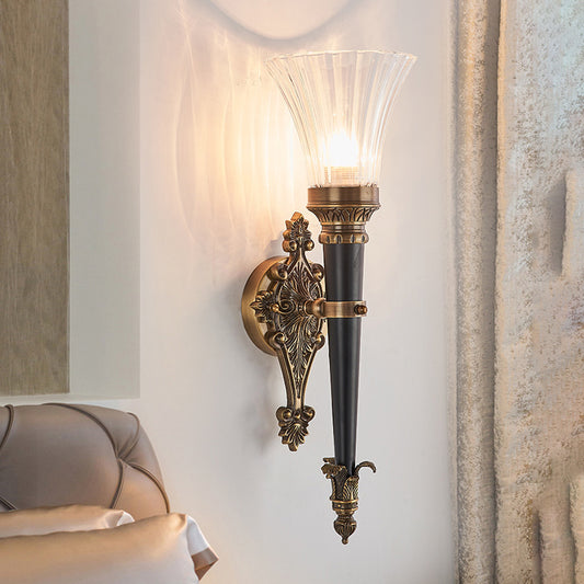 1 Light Wall Lighting Lodge Flared Prismatic Translucent Glass Wall Sconce Lamp in Brass with Pencil Arm Clearhalo 'Wall Lamps & Sconces' 'Wall Lights' Lighting' 287286