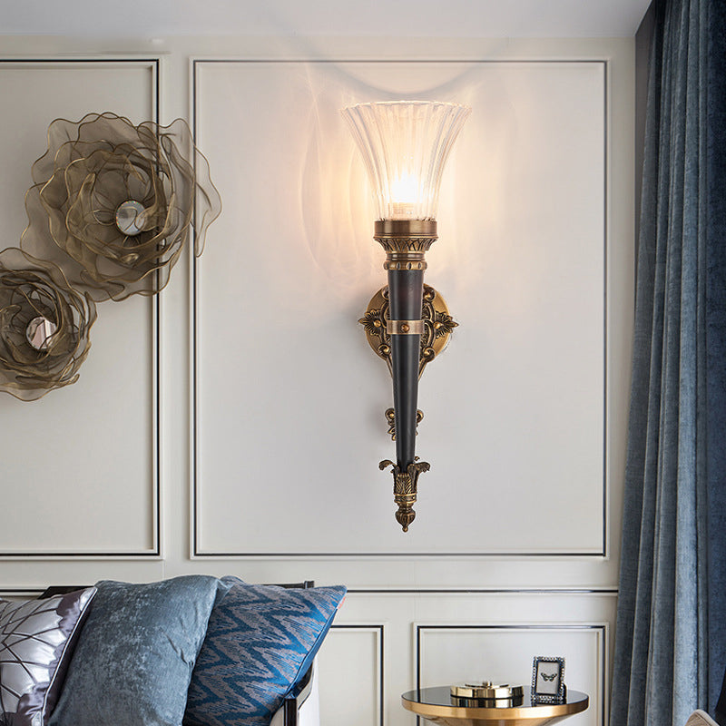 1 Light Wall Lighting Lodge Flared Prismatic Translucent Glass Wall Sconce Lamp in Brass with Pencil Arm Clearhalo 'Wall Lamps & Sconces' 'Wall Lights' Lighting' 287287