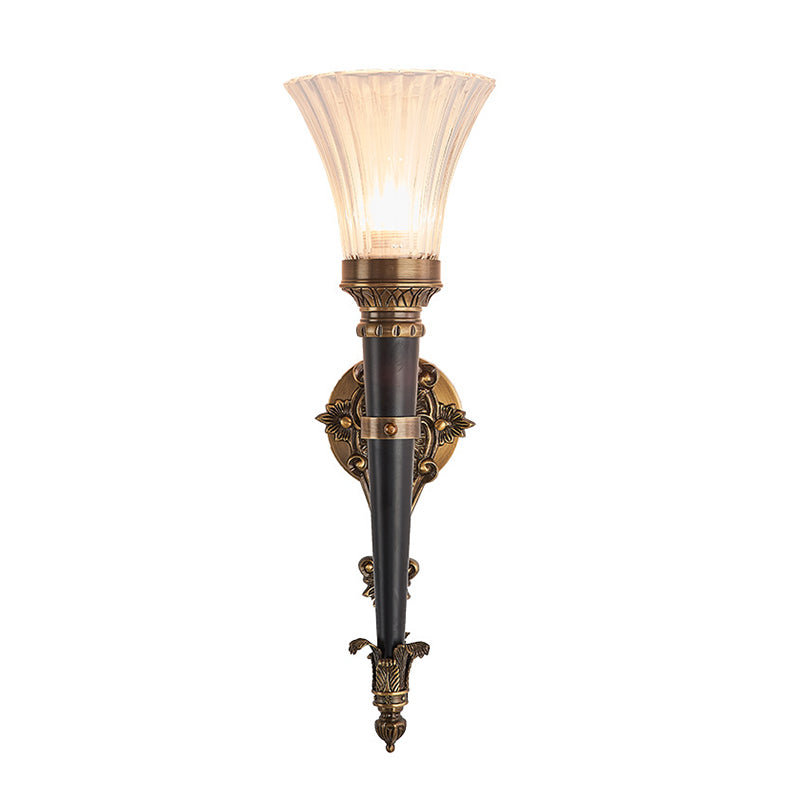 1 Light Wall Lighting Lodge Flared Prismatic Translucent Glass Wall Sconce Lamp in Brass with Pencil Arm Clearhalo 'Wall Lamps & Sconces' 'Wall Lights' Lighting' 287288