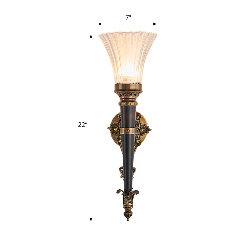 1 Light Wall Lighting Lodge Flared Prismatic Translucent Glass Wall Sconce Lamp in Brass with Pencil Arm Clearhalo 'Wall Lamps & Sconces' 'Wall Lights' Lighting' 287289