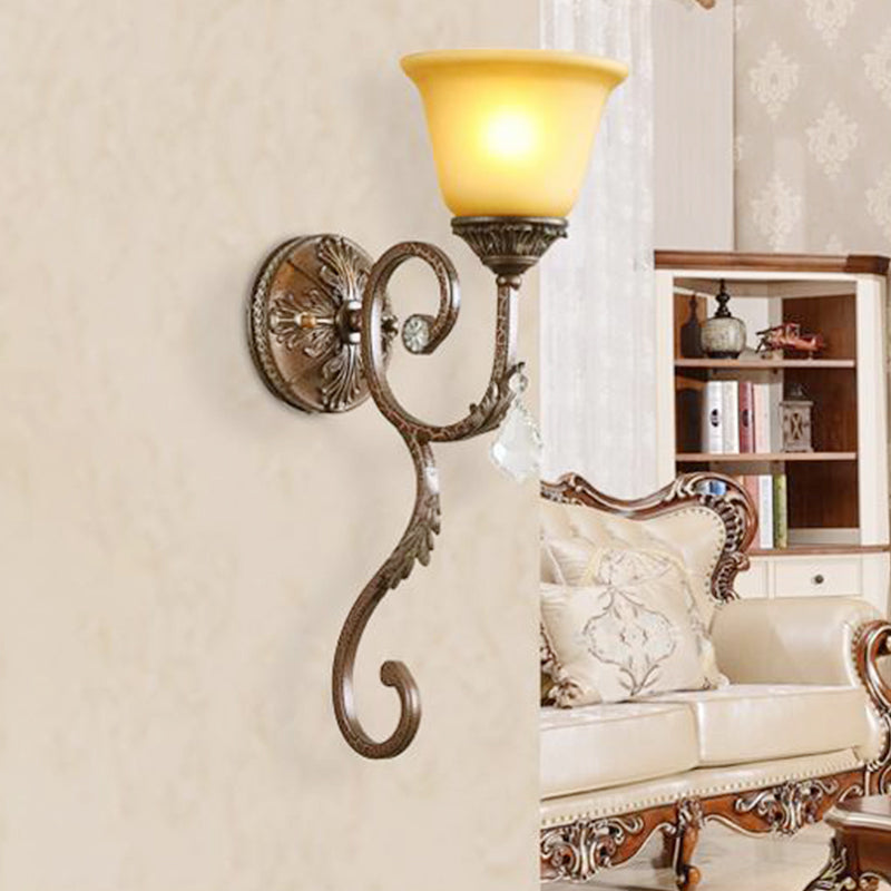 Flared Amber Glass Sconce Lamp Traditional 1 Light Corner Wall Mounted Light Fixture in Bronze with Swirled Arm Clearhalo 'Wall Lamps & Sconces' 'Wall Lights' Lighting' 287292