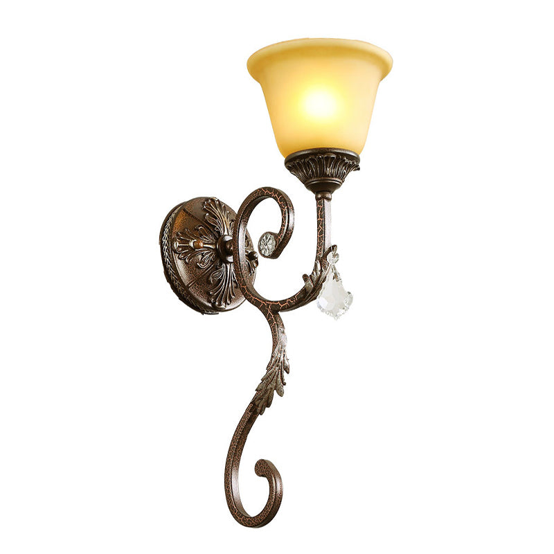 Flared Amber Glass Sconce Lamp Traditional 1 Light Corner Wall Mounted Light Fixture in Bronze with Swirled Arm Clearhalo 'Wall Lamps & Sconces' 'Wall Lights' Lighting' 287294