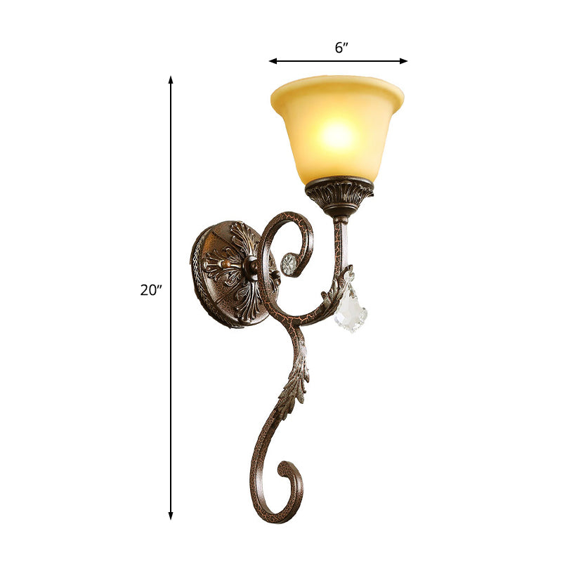 Flared Amber Glass Sconce Lamp Traditional 1 Light Corner Wall Mounted Light Fixture in Bronze with Swirled Arm Clearhalo 'Wall Lamps & Sconces' 'Wall Lights' Lighting' 287295