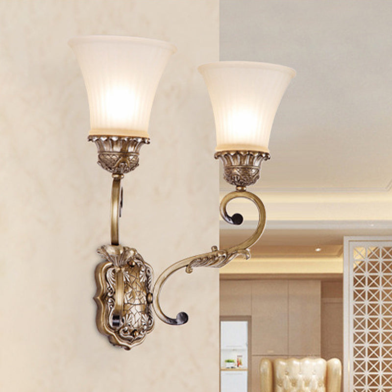 Metal Curvy Arm Wall Lighting Traditional 2 Lights Indoor Sconce Lamp in Brass with Bell White Glass Shade Clearhalo 'Wall Lamps & Sconces' 'Wall Lights' Lighting' 287298