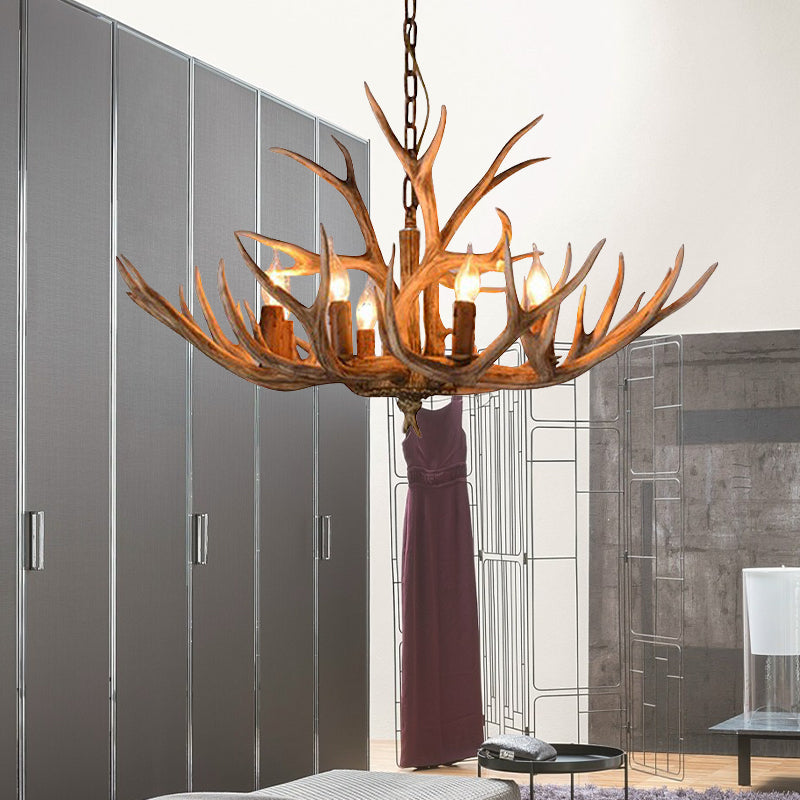 Brown 8 Heads Chandelier Pendant Lamp Countryside Resin Candle Hanging Ceiling Light with Antler Design Clearhalo 'Ceiling Lights' 'Chandeliers' Lighting' options 287345