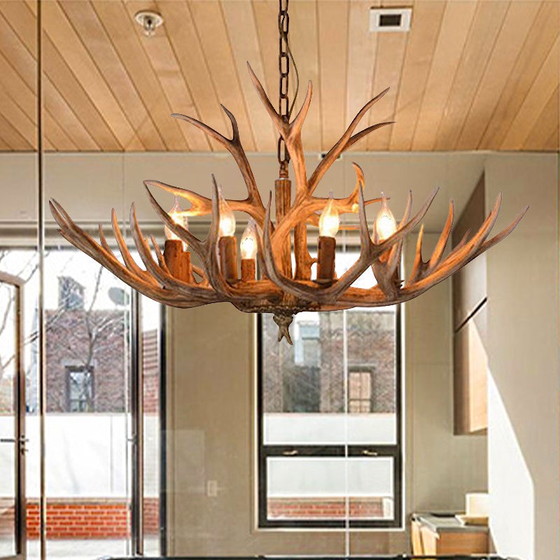 Brown 8 Heads Chandelier Pendant Lamp Countryside Resin Candle Hanging Ceiling Light with Antler Design Clearhalo 'Ceiling Lights' 'Chandeliers' Lighting' options 287346