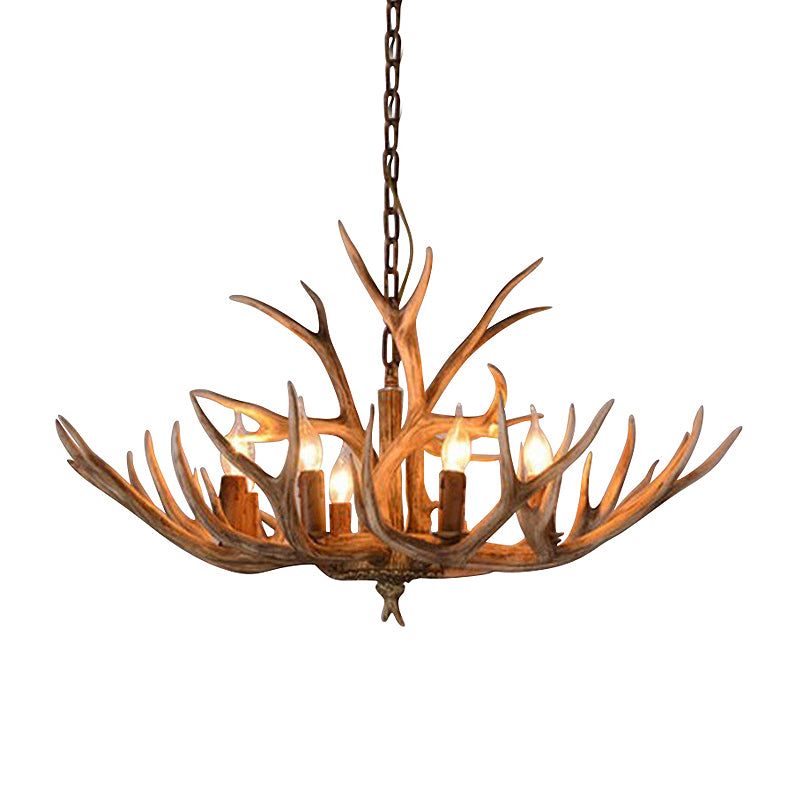 Brown 8 Heads Chandelier Pendant Lamp Countryside Resin Candle Hanging Ceiling Light with Antler Design Clearhalo 'Ceiling Lights' 'Chandeliers' Lighting' options 287348
