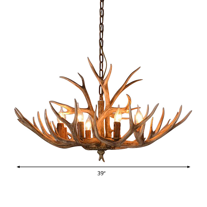 Brown 8 Heads Chandelier Pendant Lamp Countryside Resin Candle Hanging Ceiling Light with Antler Design Clearhalo 'Ceiling Lights' 'Chandeliers' Lighting' options 287349