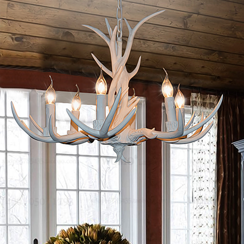 White Candle Chandelier Lighting Rural Resin 3/4/6 Bulbs Ceiling Pendant Lamp for Dining Room with Antler Decoration Clearhalo 'Ceiling Lights' 'Chandeliers' Lighting' options 287375