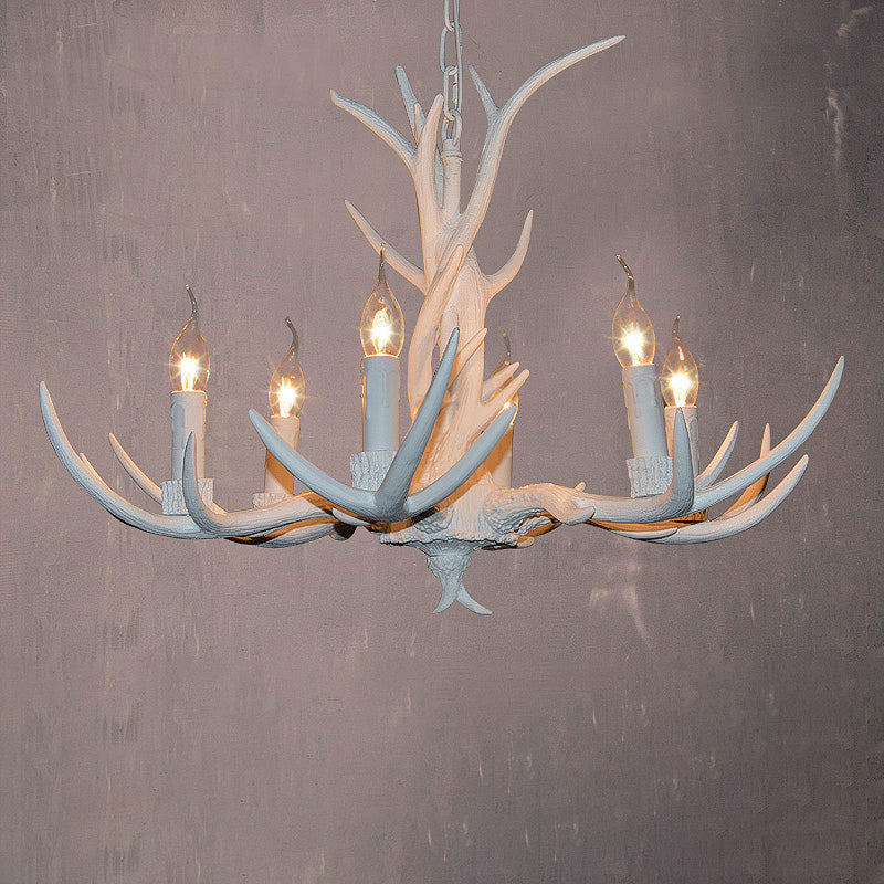 White Candle Chandelier Lighting Rural Resin 3/4/6 Bulbs Ceiling Pendant Lamp for Dining Room with Antler Decoration Clearhalo 'Ceiling Lights' 'Chandeliers' Lighting' options 287376