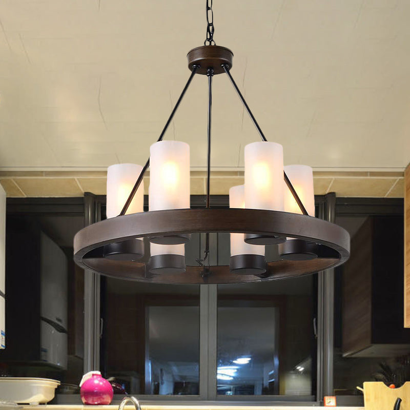 6 Heads Cylinder Chandelier Lighting Traditional Black Frosted White Glass Suspension Pendant Lamp with Wheel Design Black Clearhalo 'Ceiling Lights' 'Chandeliers' 'Glass shade' 'Glass' Lighting' 287409