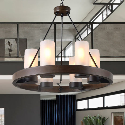 6 Heads Cylinder Chandelier Lighting Traditional Black Frosted White Glass Suspension Pendant Lamp with Wheel Design Clearhalo 'Ceiling Lights' 'Chandeliers' 'Glass shade' 'Glass' Lighting' 287410