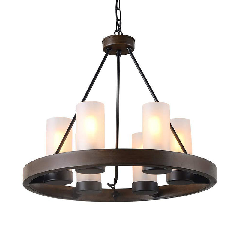 6 Heads Cylinder Chandelier Lighting Traditional Black Frosted White Glass Suspension Pendant Lamp with Wheel Design Clearhalo 'Ceiling Lights' 'Chandeliers' 'Glass shade' 'Glass' Lighting' 287412