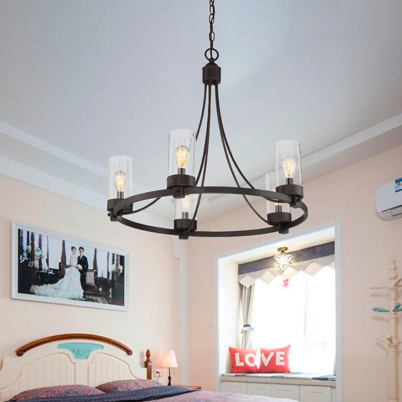 Black 5 Lights Pendant Chandelier Vintage Clear Glass Cylinder Hanging Ceiling Light Fixture Black Clearhalo 'Ceiling Lights' 'Chandeliers' Lighting' options 287415_25f819c0-10c3-4882-93f2-11987a233019