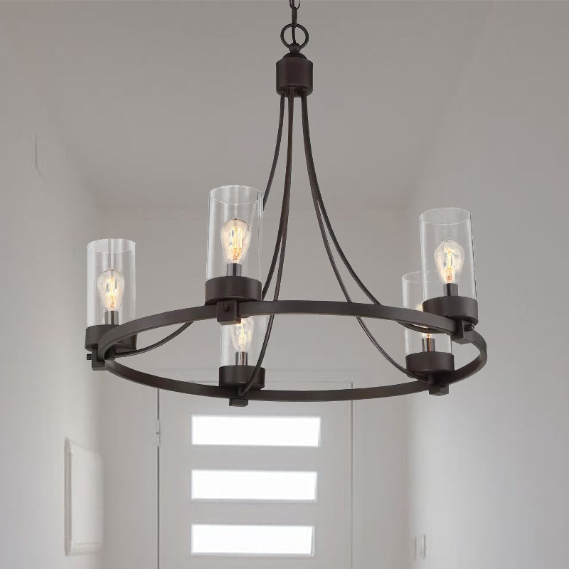 Black 5 Lights Pendant Chandelier Vintage Clear Glass Cylinder Hanging Ceiling Light Fixture Clearhalo 'Ceiling Lights' 'Chandeliers' Lighting' options 287416